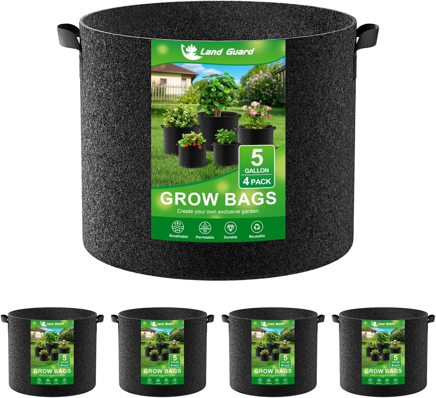Land Guard 4-Pack Fabric Grow Bags 5 Gallon