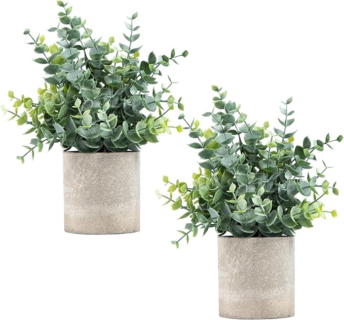2 Pack Small Fake Plants Eucalyptus Potted Artificial Plants