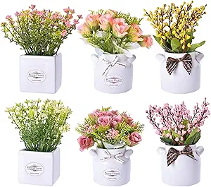 LUEUR 6Pcs Artificial Flowers with Ceramic Pot